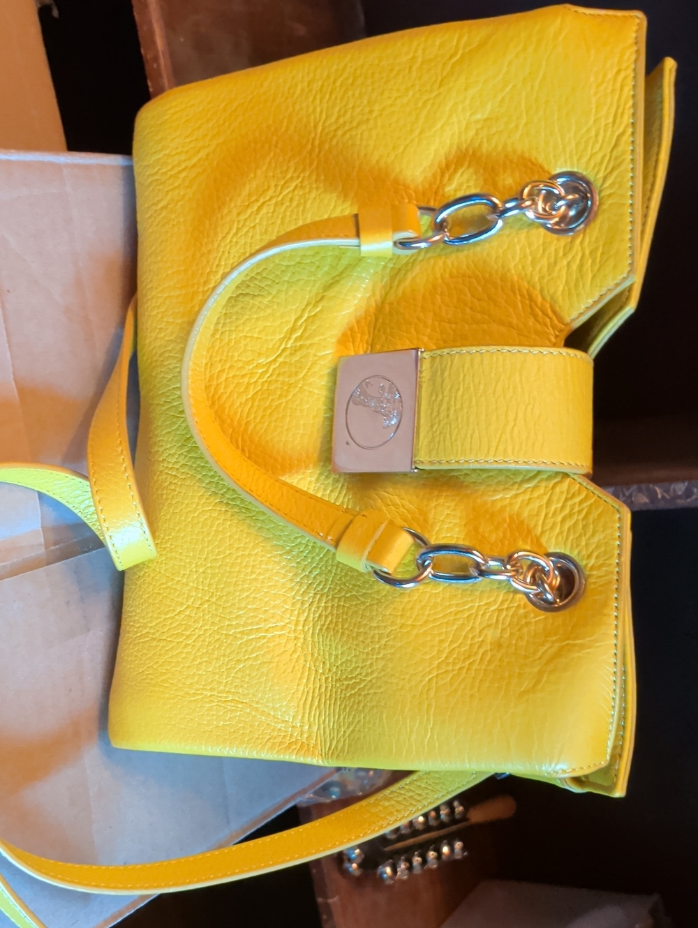 Versace Collection Bright Yellow Leather Shoulder Bag with Gold Hardware